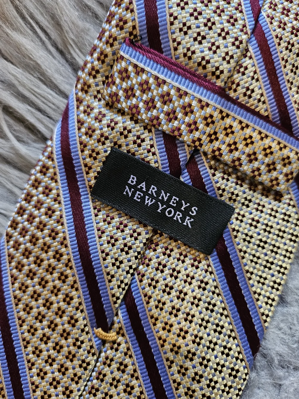 Barneys New York Gold, Maroon Brown & Light Blue Striped Silk Tie 3.5